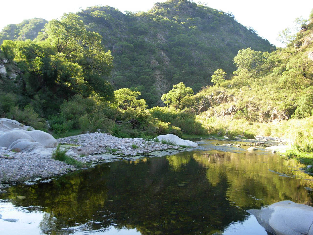 La foto muestra un primer plano del río San Marcos en medio del monte nativo a pocos metros de la hostería.