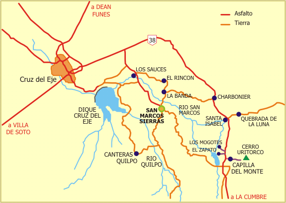 un mapa de la región, desde Capilla del Monte hasta Cruz del Eje incluyendo Ongamira, Los Terrones, Cuchi Corral, Alpa Corral y el Río Quilpo, para guiar al turista hasta San Marcos Sierras