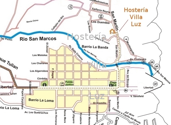 Ampliación del plano de San Marcos Sierras para guiarlo hasta la Hostería.