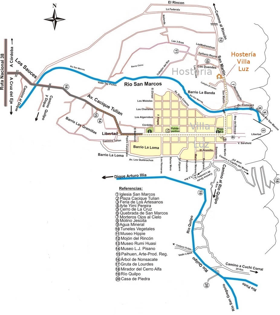 Plano de San Marcos Sierras desde la ruta 38 hasta San Marcos Sierras para guiarlo hasta la Hostería.
